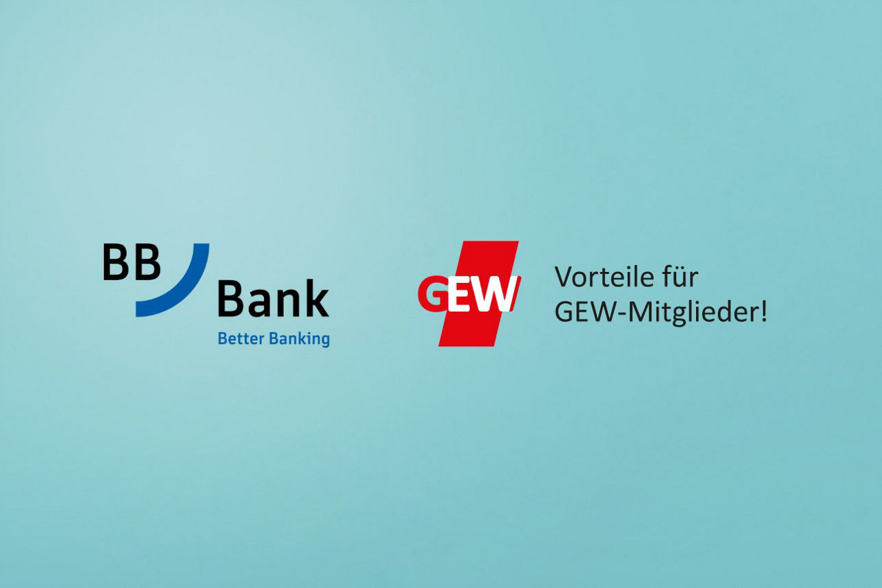 Logos der BBBank und der GEW auf hellblauem Hintergrund