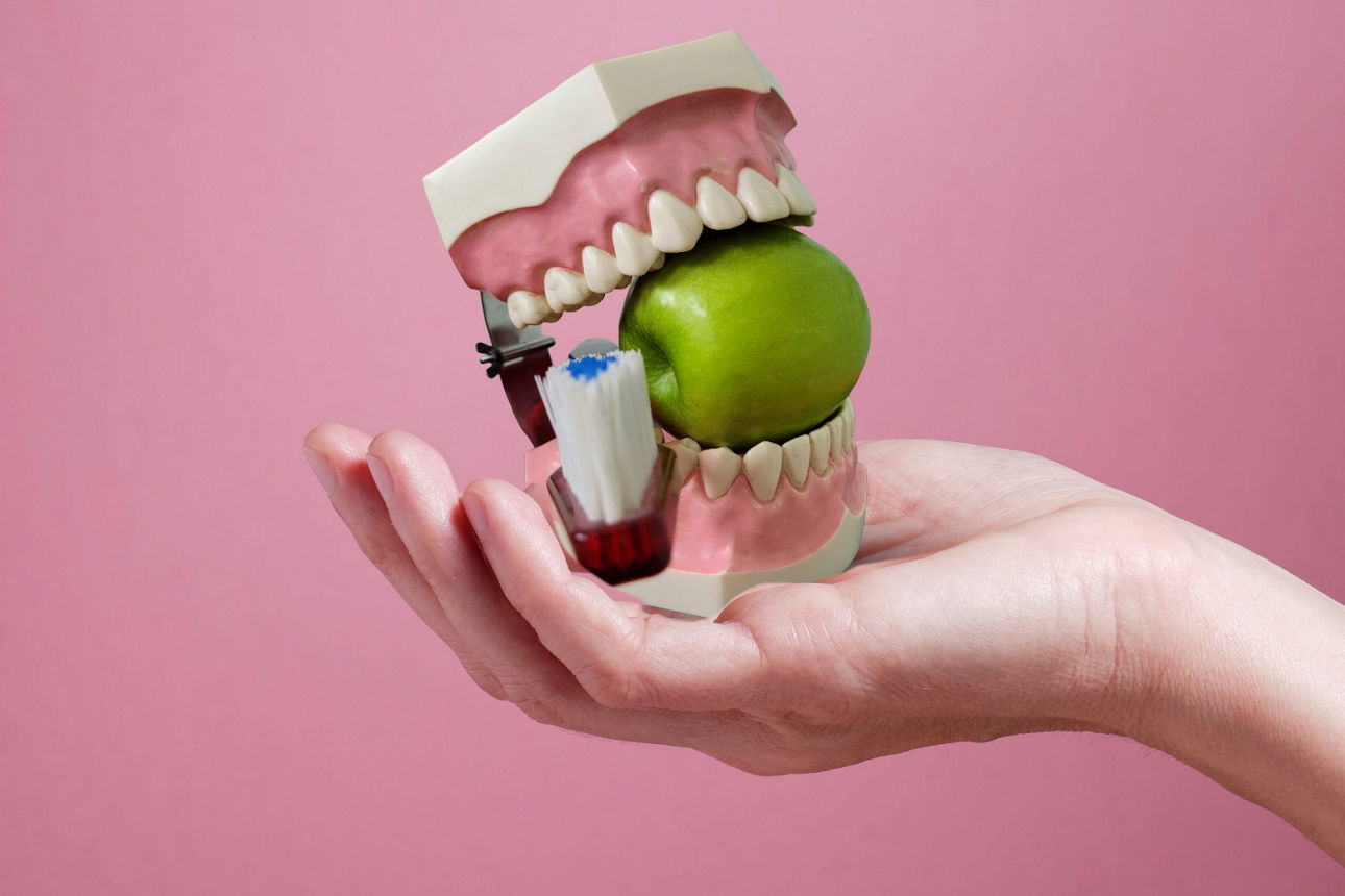Hand hält Gebiss mit Apfel und Zahnbürste