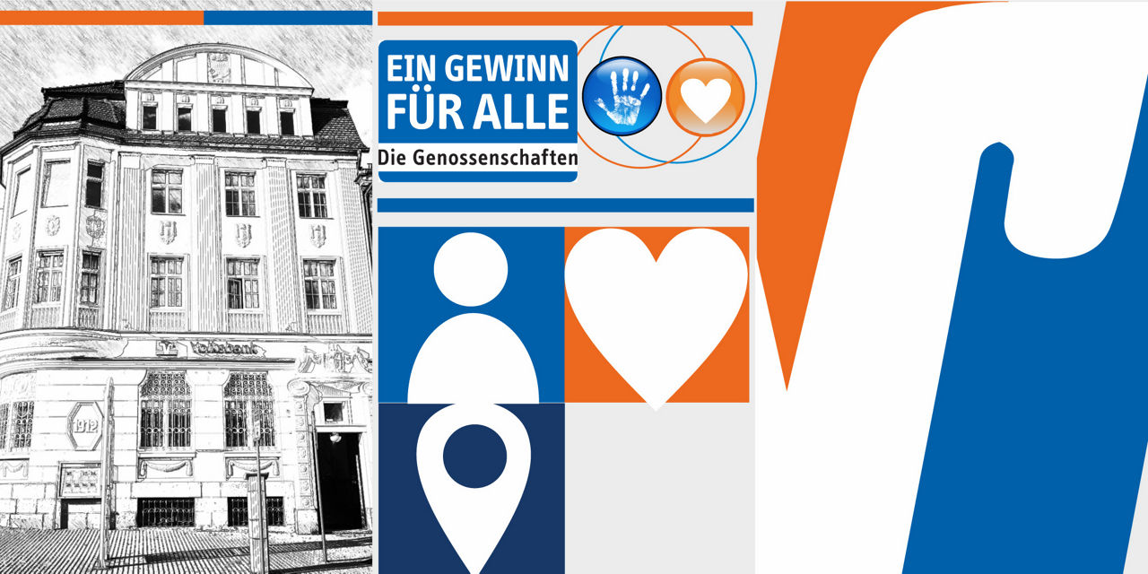 Collage aus Grafik unserer Hauptgeschäftsstelle in Eisenberg und einem Slogan: Ein Gewinn für alle!
