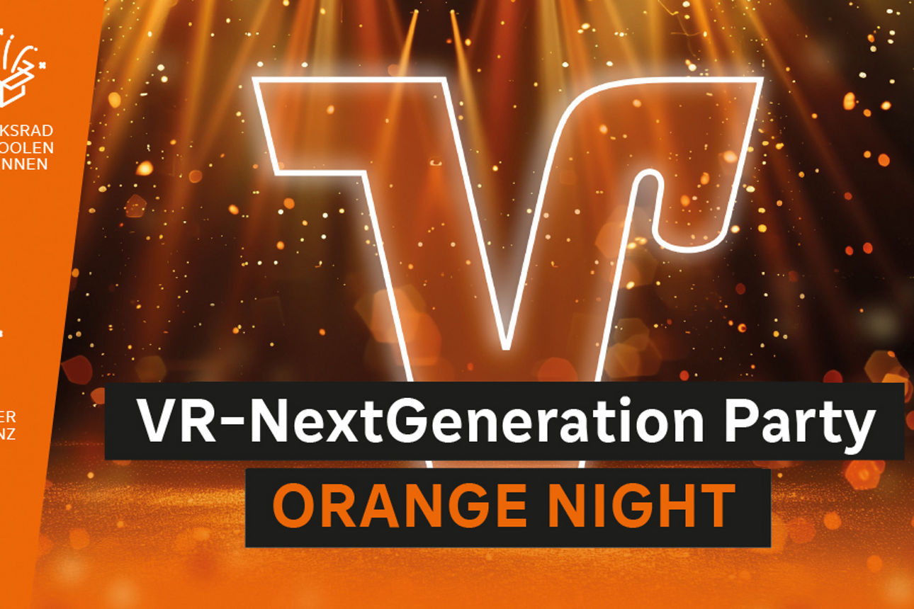 Volksbank-V auf orangefarbenem Grund, Text dazu: "VR-NextGeneration ORANGE NIGHT"