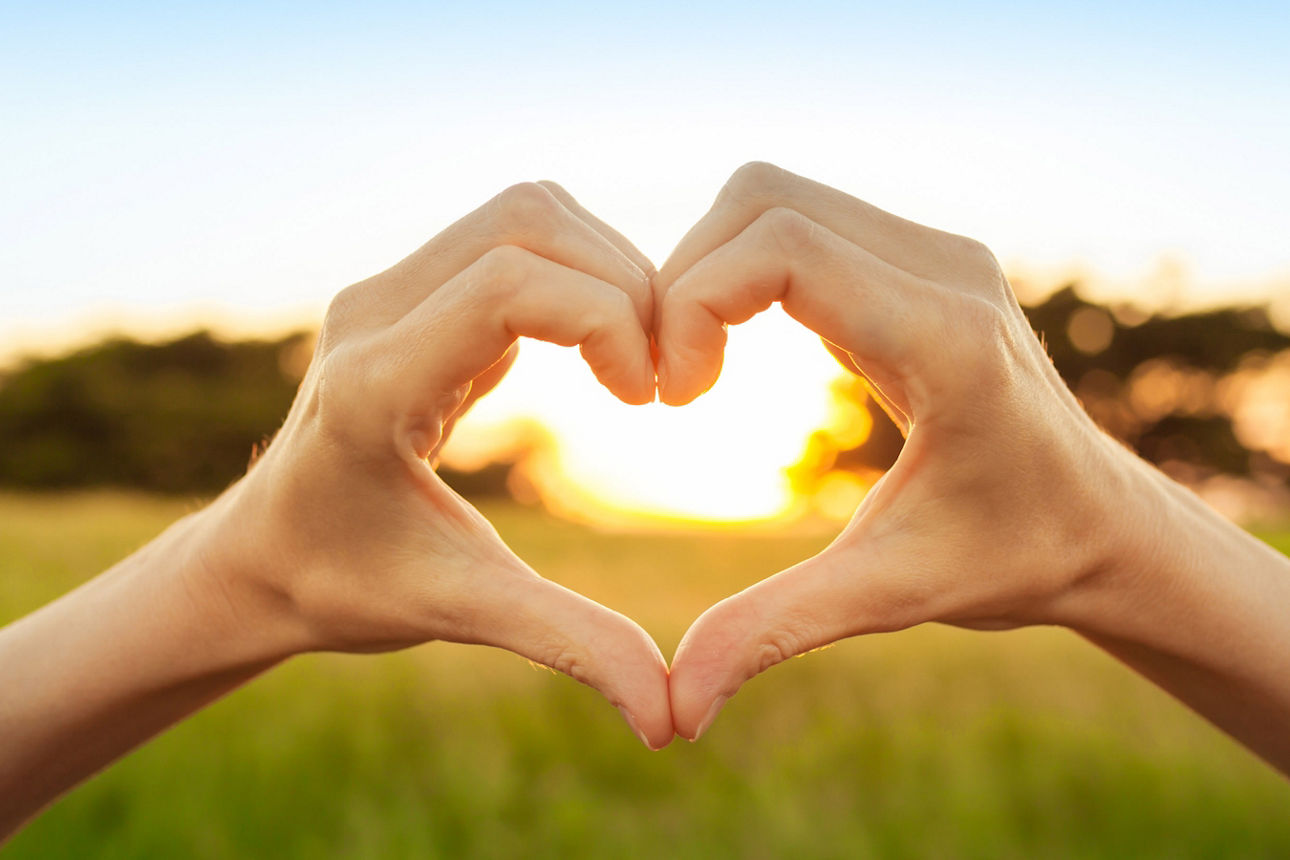 zwei Hände, die ein Herz um die Sonne formen