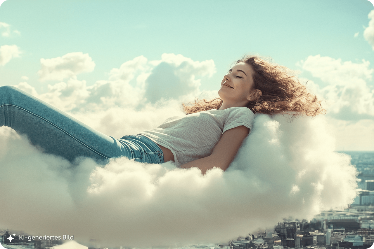 Eine Frau liegt auf Wolken und träumt. Bild wurde mithilfe von KI genreriert.