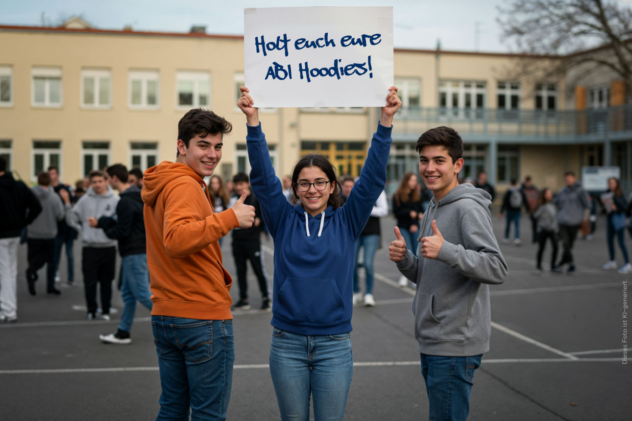 Mehrere Schüler stehen vor der Schule auf dem Schulhof.