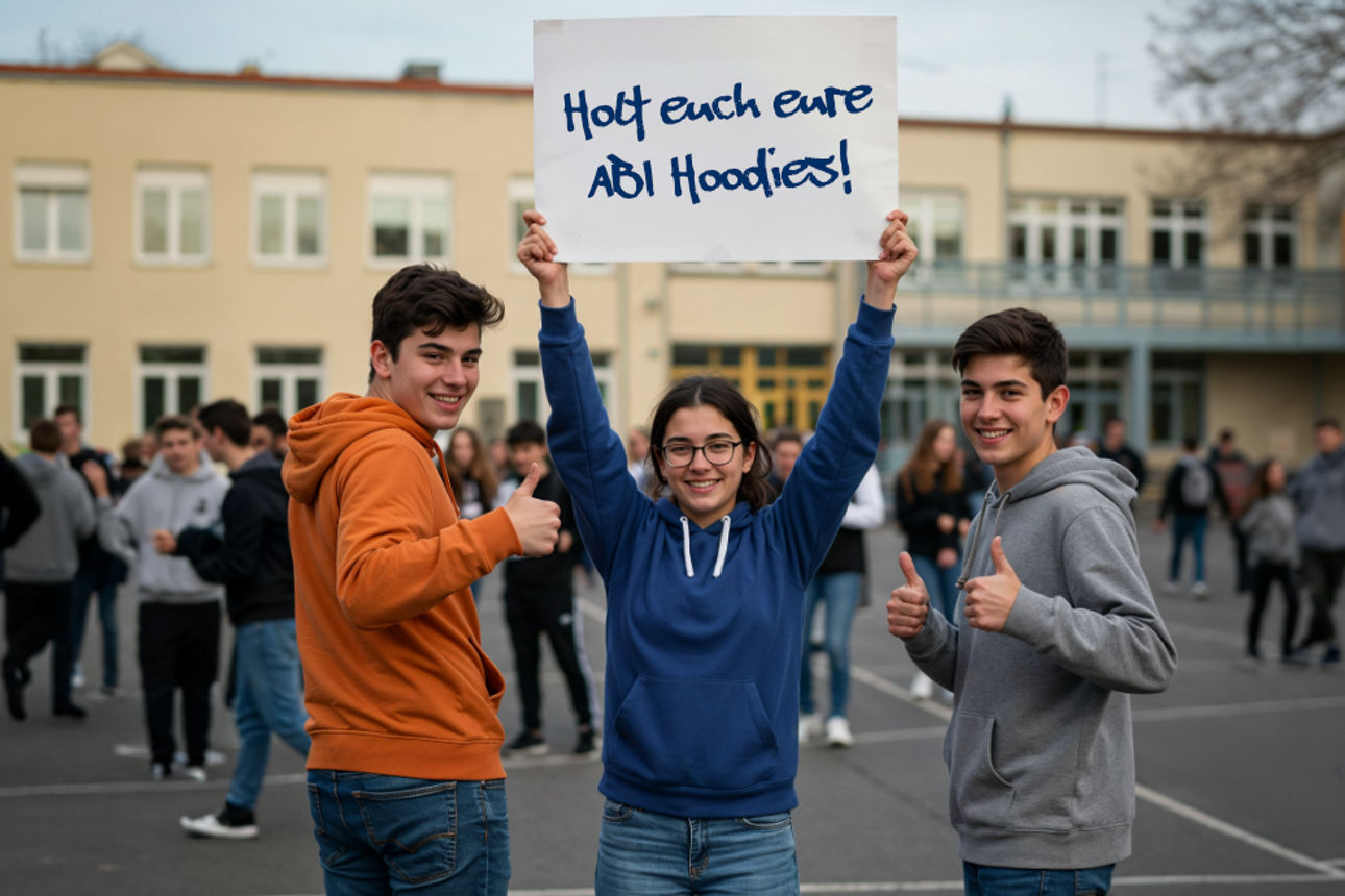 Mehrere Schüler stehen vor der Schule auf dem Schulhof.