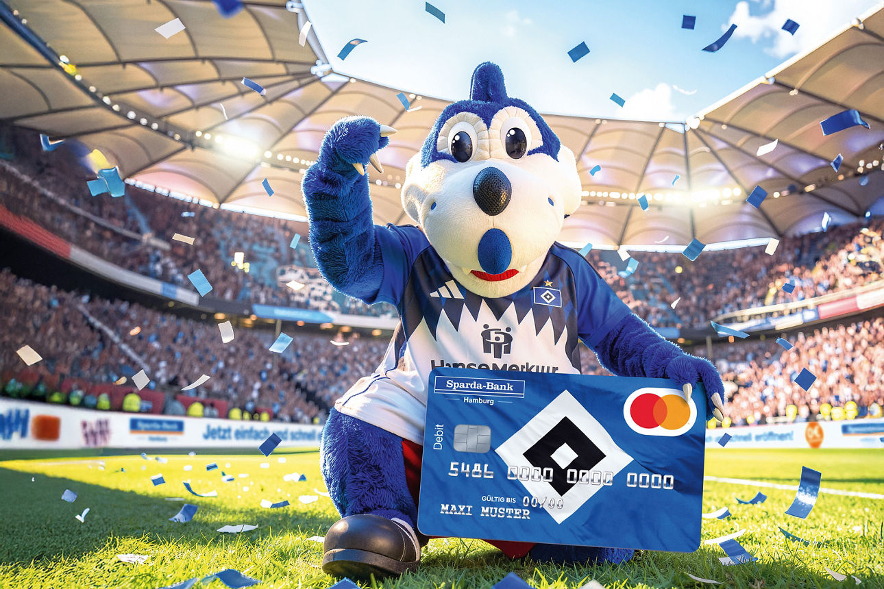 Dino Hermann präsentiert die exklusive Bankkarte der Sparda Girokonto im HSV-Design