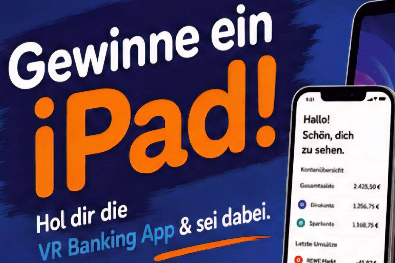 Auf dunkel blauem Hintergrund steht "Gewinne ein iPad!" daneben ist ein iPad und die VR Banking App abgebildet.