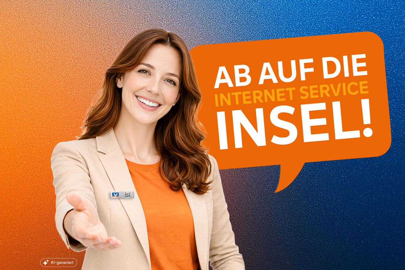 Unsere Beraterin iSi heißt wilkommen mit Sprechblase „Ab aud die Internetserviceinsel!“ (KI generiert)
