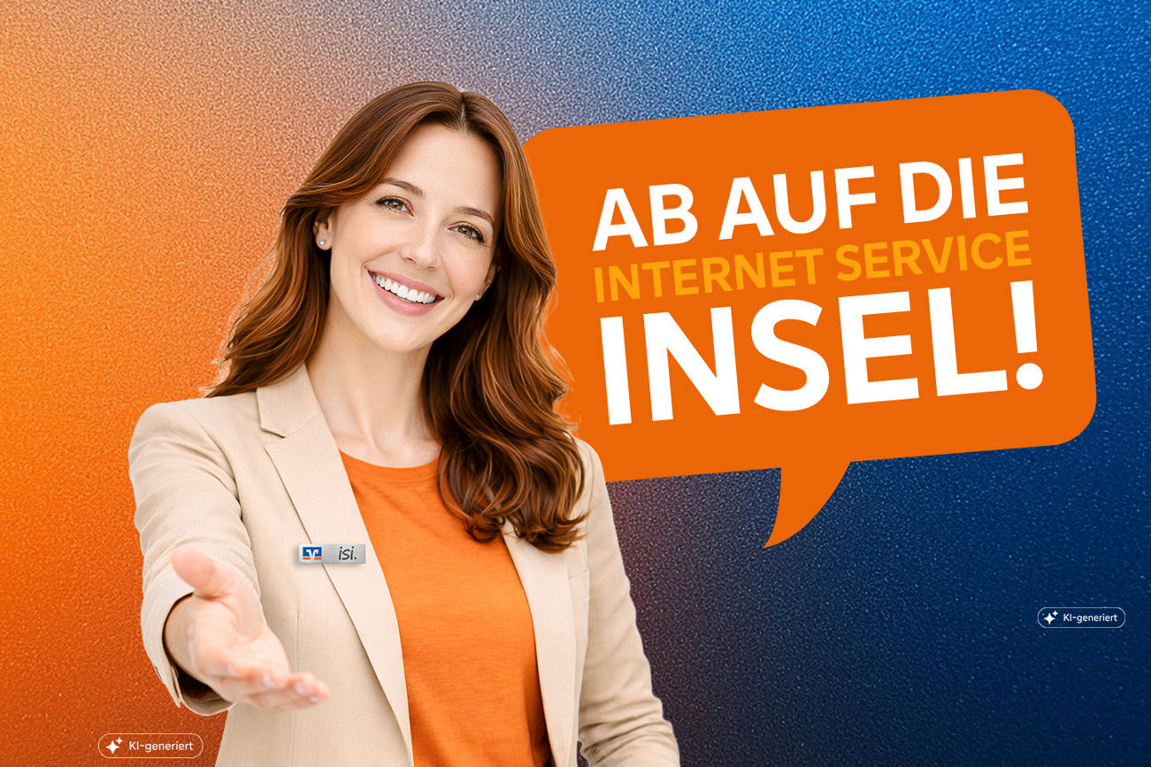 Unsere Beraterin iSi heißt wilkommen mit Sprechblase „Ab auf die Internetserviceinsel!“ (KI generiert)