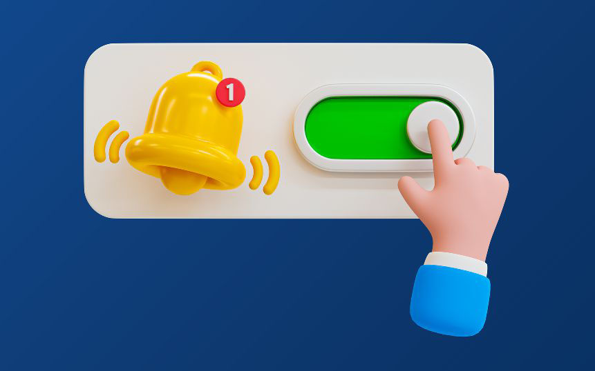 3D-Illustration Cartoon-Hand mit einem Glockensymbol und einem Umschaltsymbol. 