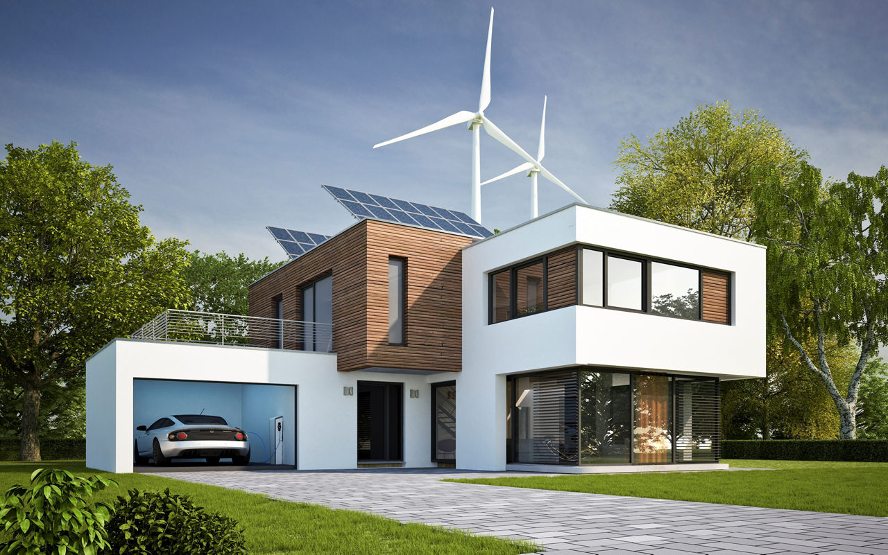 Ein futuristisch angelehntes modernes Haus mit Solaranlage und Elektroauto in der Garage.