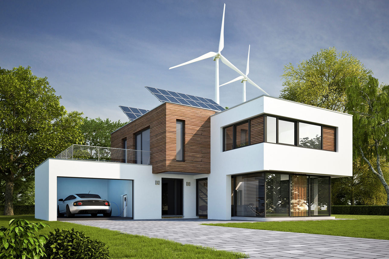 Ein futuristisch angelehntes modernes Haus mit Solaranlage und Elektroauto in der Garage.