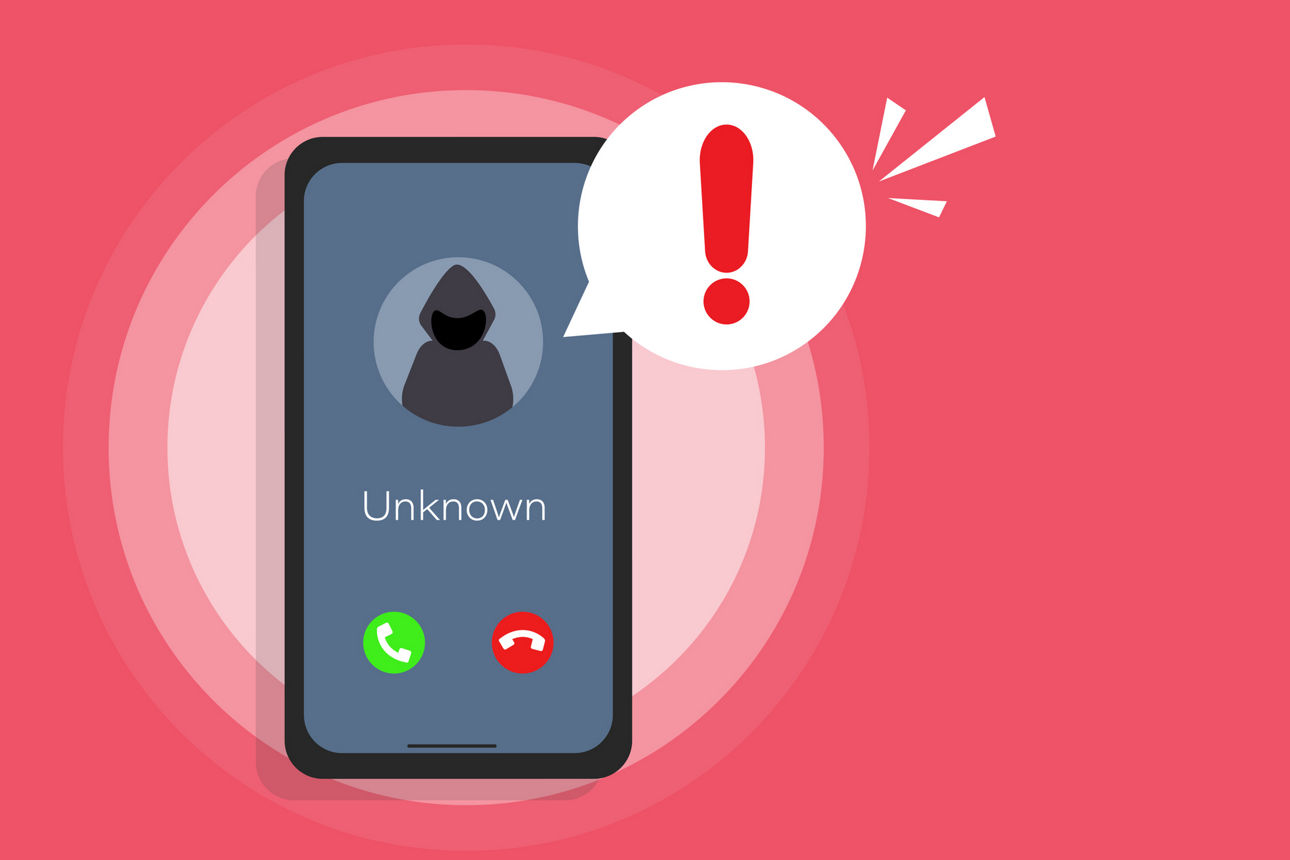 Illustration Smartphone-Anruf von unbekannter oder fremder Nummer. Betrug, Betrug und Phishing auf einem Mobiltelefon. 