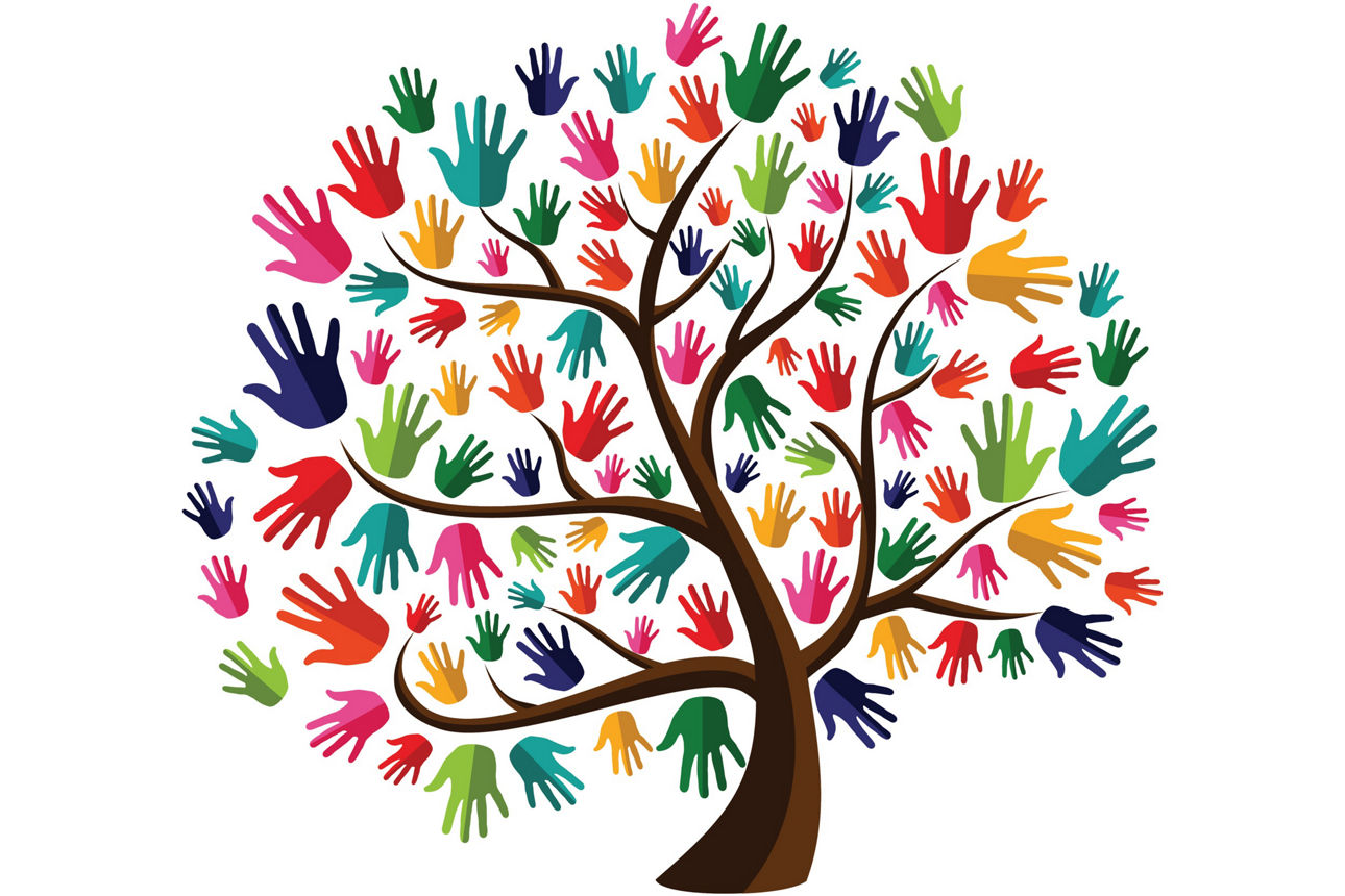 Illustrierter Baum mit farbigen Handabdrücken statt Blättern