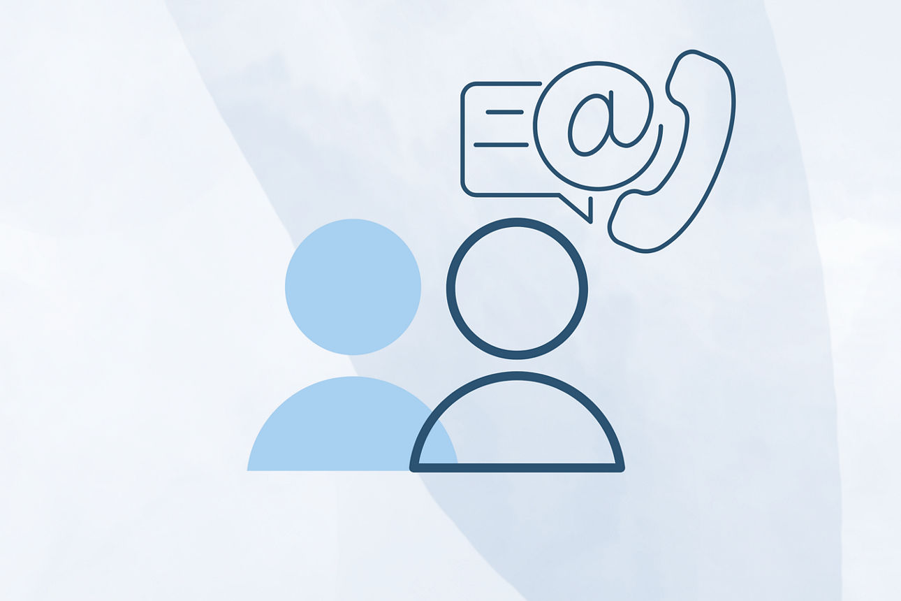 Icon zweier Personen sowie die Darstellung einer Sprechblase, eines @-Zeichens sowie eines Telefons
