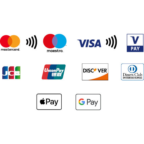 Logos der verschiedenen Anbieter (masterCard, maestro, Visa, JCB, Discover, Diners Club, Apple Pay, Google Pay)