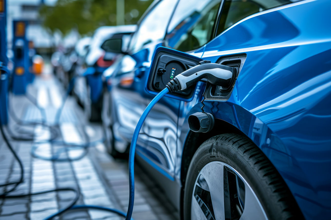 Autos an E-Ladesäulen, das Fahrzeug im Vordergund ist an das Stromkabel angeschlossen.