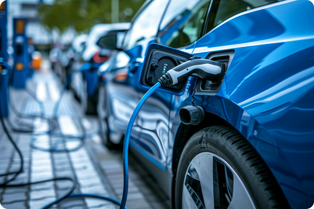 Autos an E-Ladesäulen, das Fahrzeug im Vordergund ist an das Stromkabel angeschlossen.