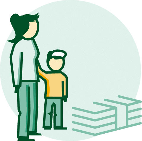 Illustration einer Frau und eines Kindes vor einem Bündel Geldscheine
