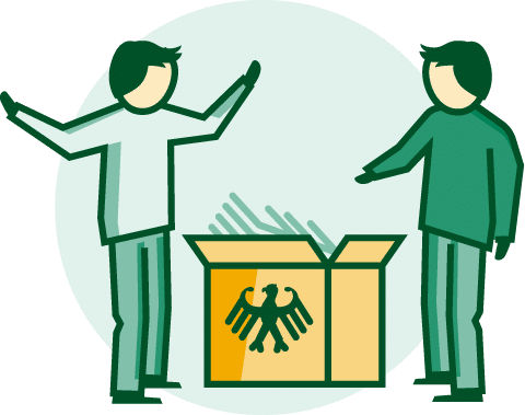 Illustration zweier Personen vor einem Karton mit Geldscheinen