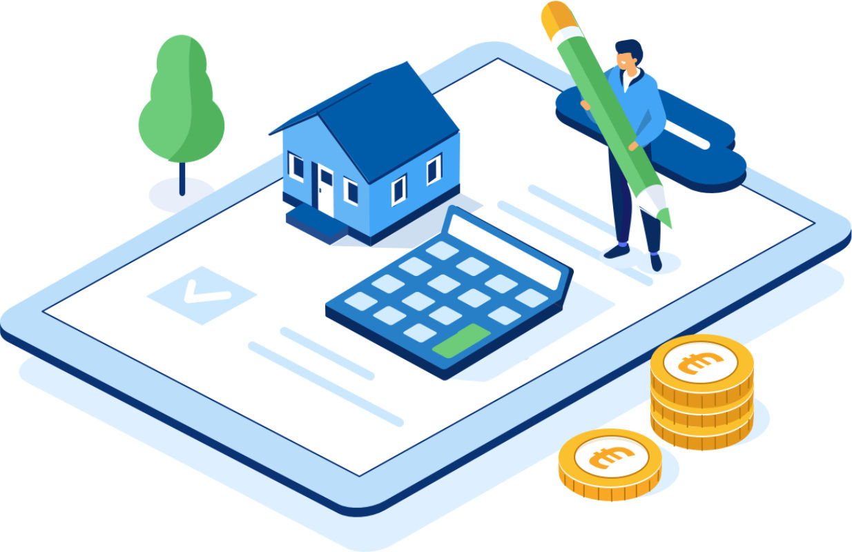 Figur steht auf einem Tablet und hält einen Bleistift. Daneben liegen Münzen, ein kleines Haus und an der Wand hängt eine Uhr