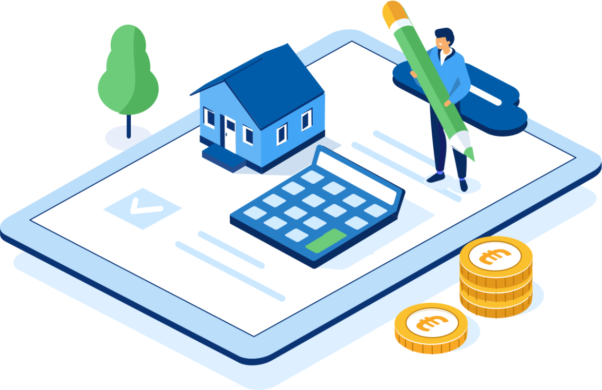 Figur steht auf einem Tablet und hält einen Bleistift. Daneben liegen Münzen, ein kleines Haus und an der Wand hängt eine Uhr