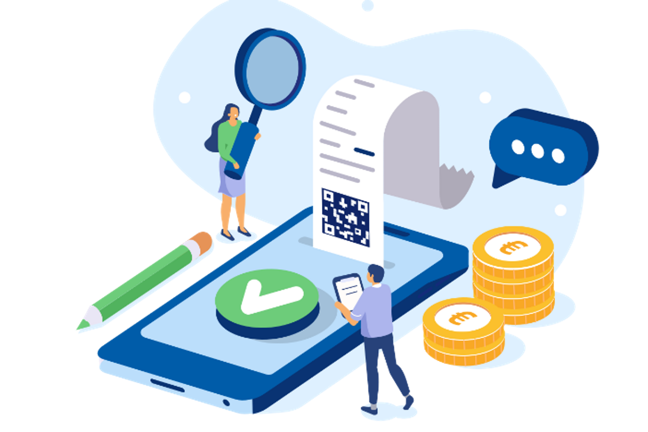 Figur steht auf einem Tablet und hält einen Bleistift. 