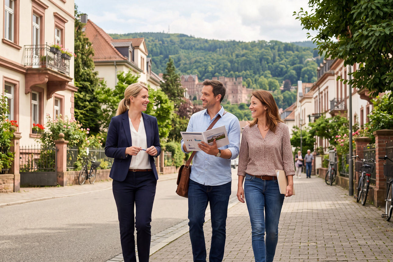 Mann und Frau im Gespräch mit Bankberaterin in Heidelberg