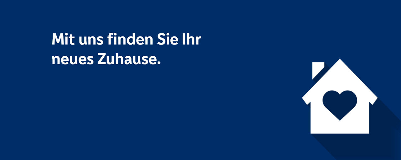 Banner mit der Abbildung eines Hauses mit einem Herz in der Mitte und dem Claim "Mit uns finden Sie Ihr neues Zuhause."