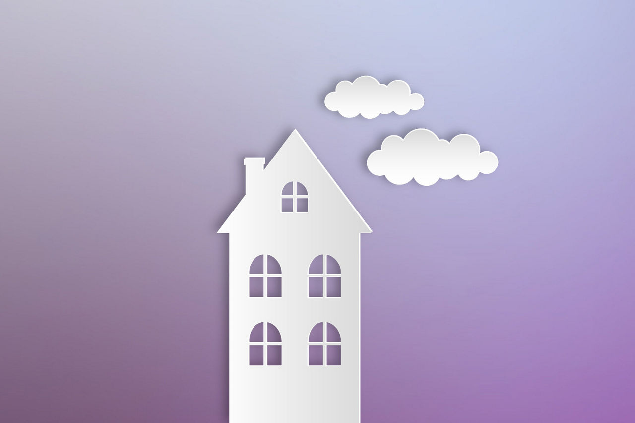 Weiße Zeichnung von einem Haus mit Wolken vor lilafarbenem Hintergrund