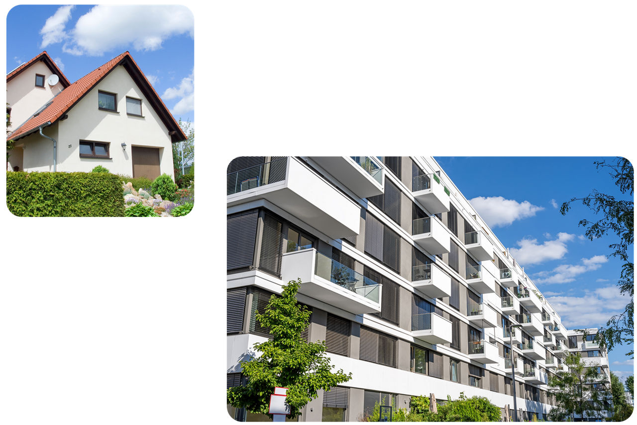 Ein Neubau mit Eigentumswohnungen und ein Einfamilienhaus im Grünen