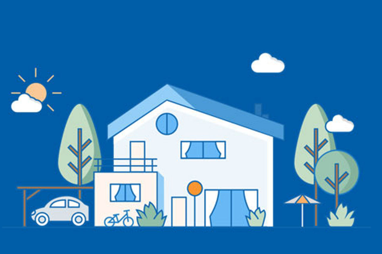 eine digitale Zeichnung eines Hauses, vor dem ein Auto steht