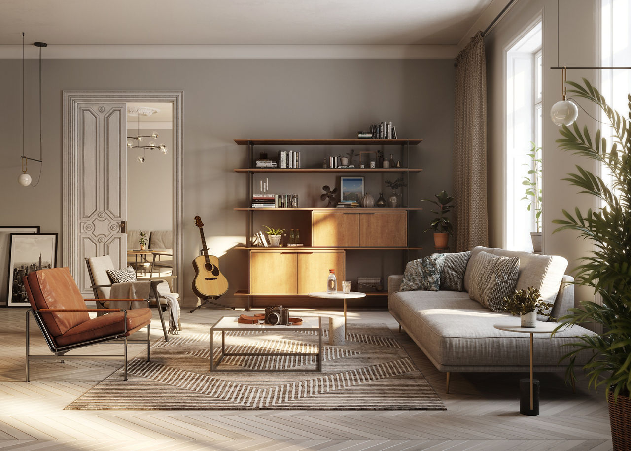 modernes Wohnzimmer mit grauen Wänden und gemütlichen Möbeln