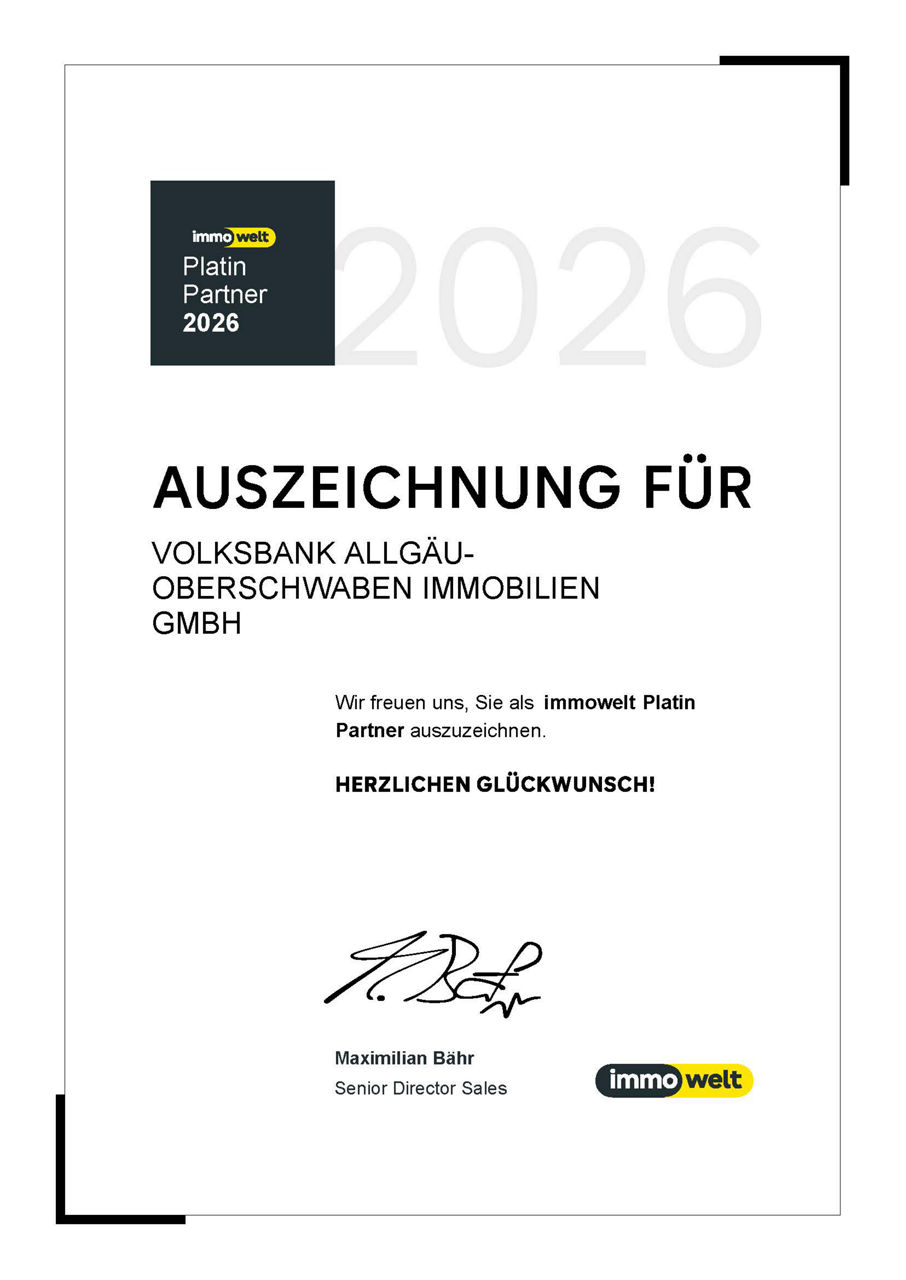 Auszeichnung als Platin Partner der ImmoWelt für die Volksbank Allgäu-Oberschwaben Immobilien GmbH