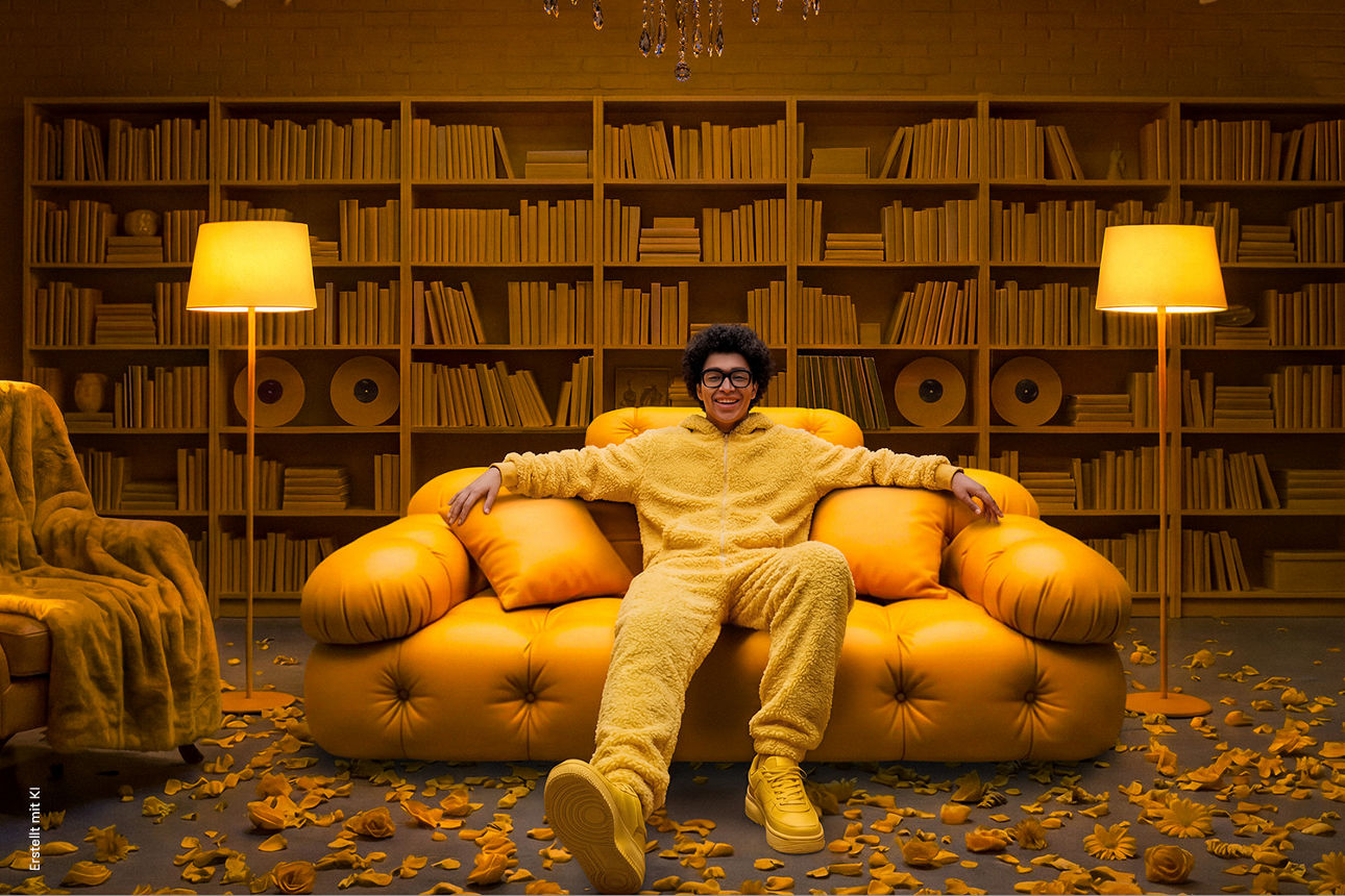 Mann mit einem gelben Jumpsuite und gelben Sneakers sitzt in einer Bibliothek auf einem gelben Sofa. Die Möbel im Raum sind alle in einem gelben Farbton.