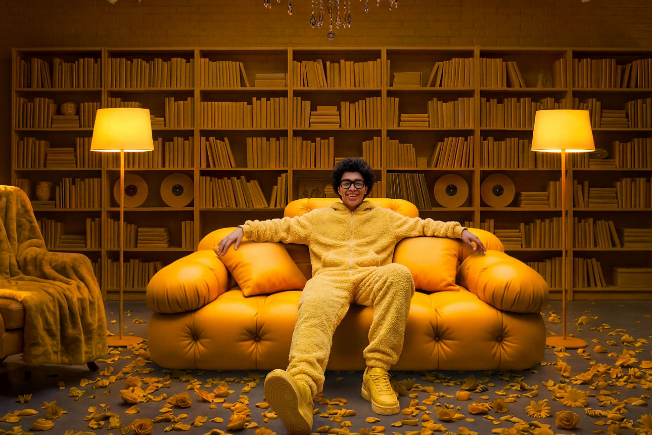 Mann mit einem gelben Jumpsuite und gelben Sneakers sitzt in einer Bibliothek auf einem gelben Sofa. Die Möbel im Raum sind alle in einem gelben Farbton.
