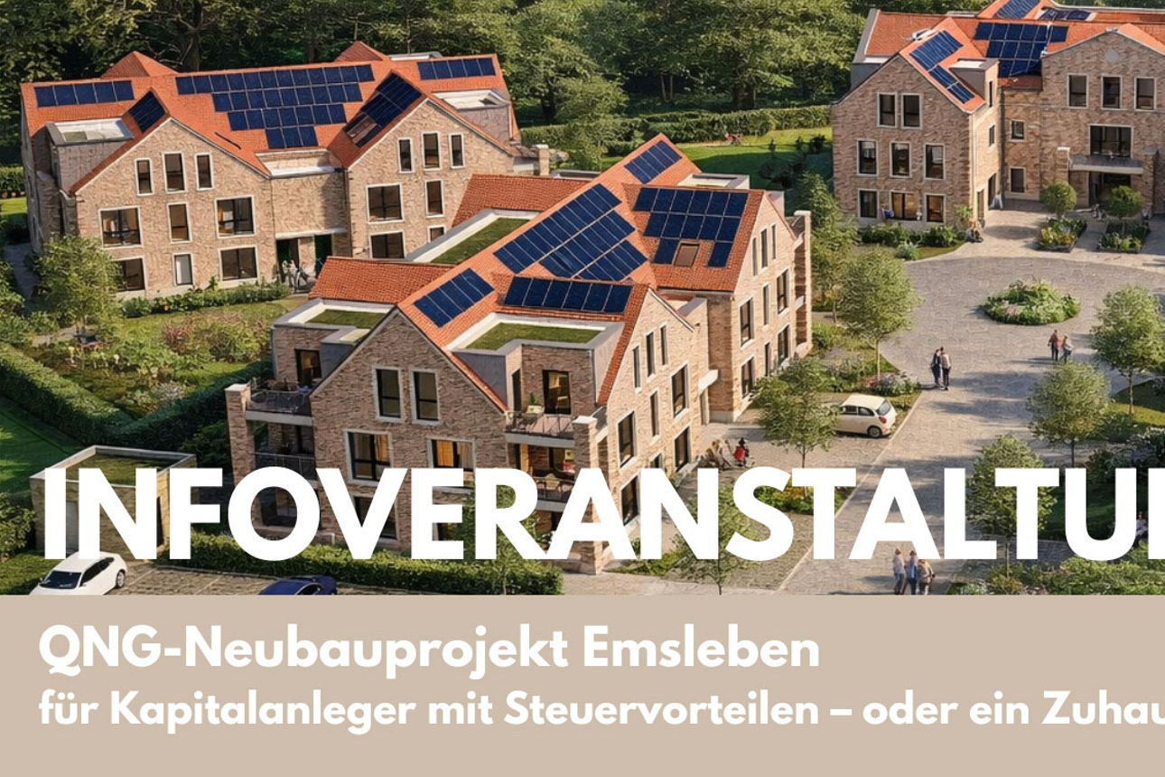 Werbegrafik für Infoveranstaltung zu Neubauprojekt Emsleben mit Wohnanlage und Solardächern.
