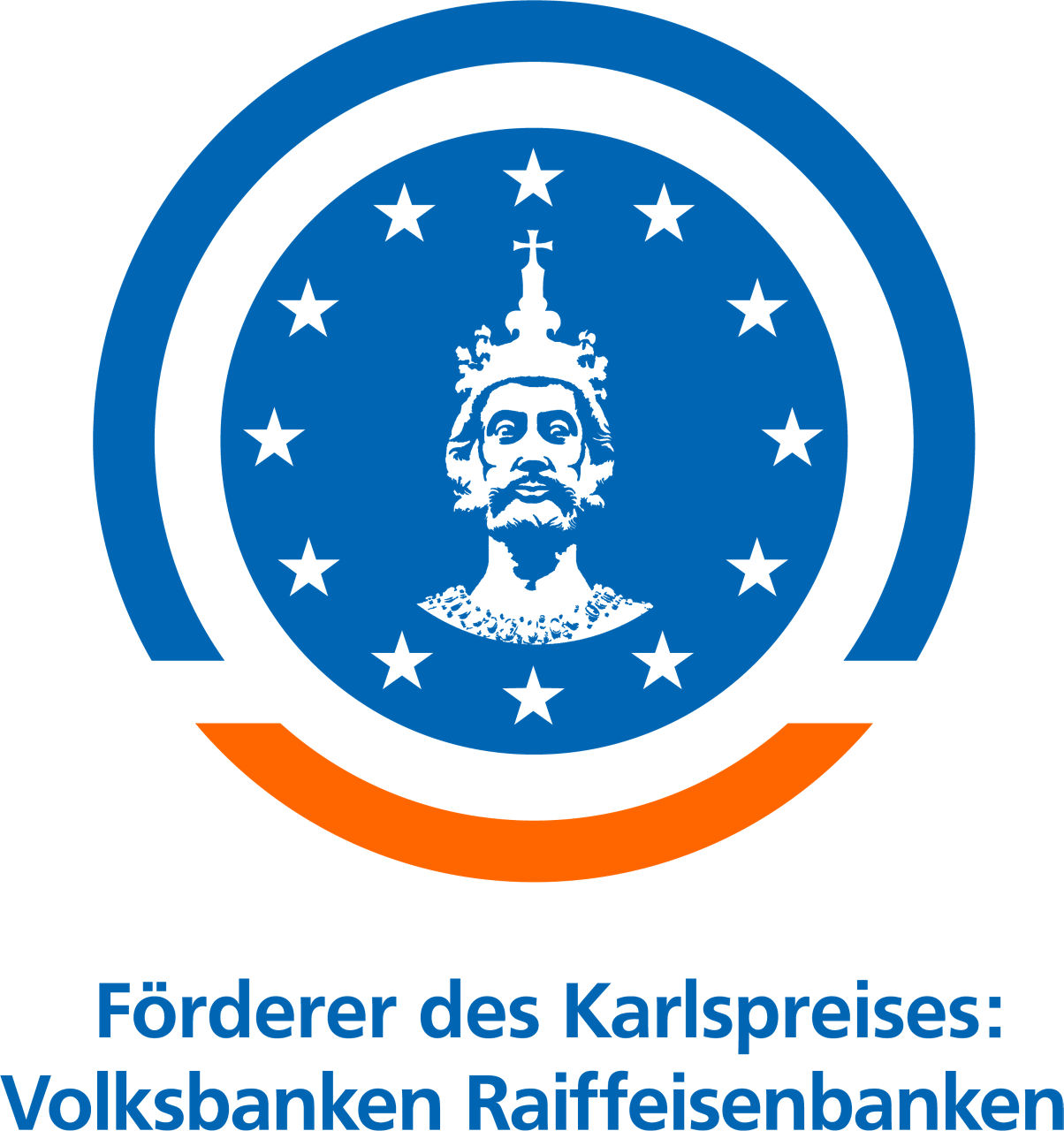 Logo des Internationalen Karlspreises mit der Bild-Unterschrift: Förderer des Karlspreises: Volksbanken Raiffeisenbanken