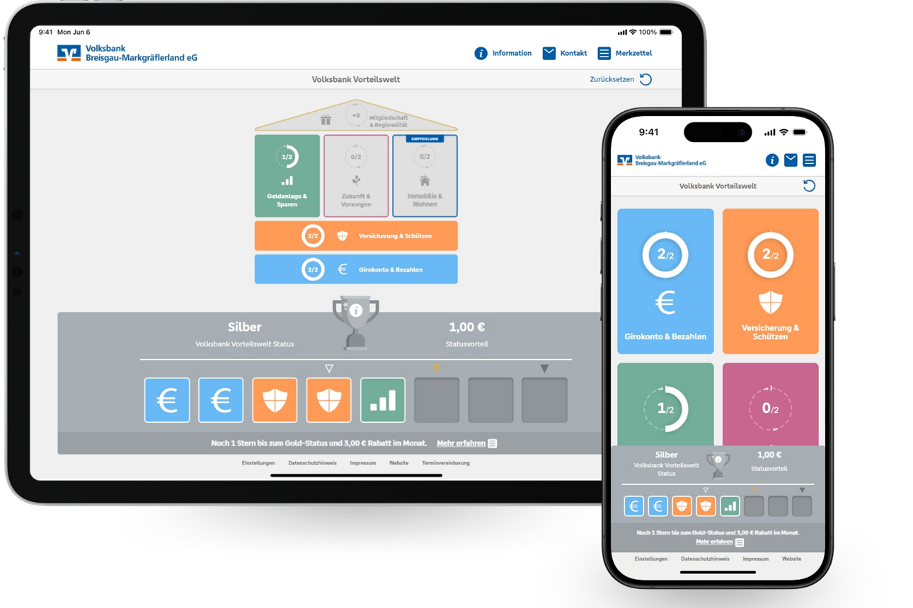 Ein iPad und ein iPhone werden angezeigt. Darauf sieht man die Vorteilswelt der VBBM abgebildet. 