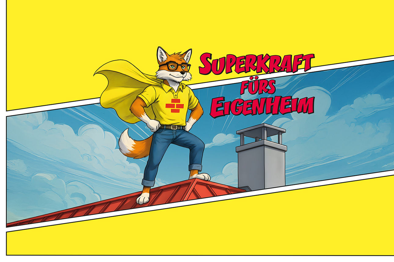 Comic-Illustration eines Fuchses mit Brille und gelbem Umhang, der wie ein Superheld auf dem Dach eines Hauses neben einem Schornstein steht. Im Bild steht der Schriftzug „Superkraft fürs Eigenheim“