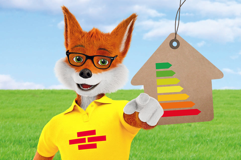 Bausparkasse Schwäbisch Hall Bild Bausparfuchs mit gelbem Tshirt vor grüner Wiese