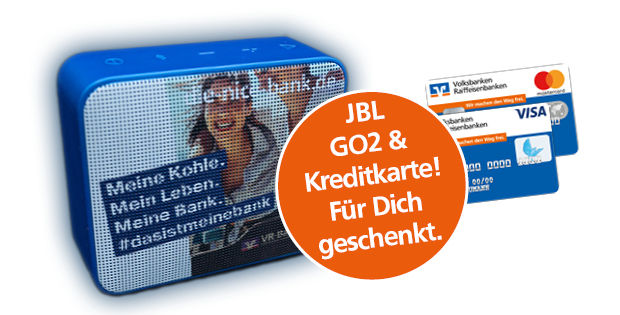 Ansicht JBL Box mit Bild von 2 Kreditkarten und orangenem rundem Button