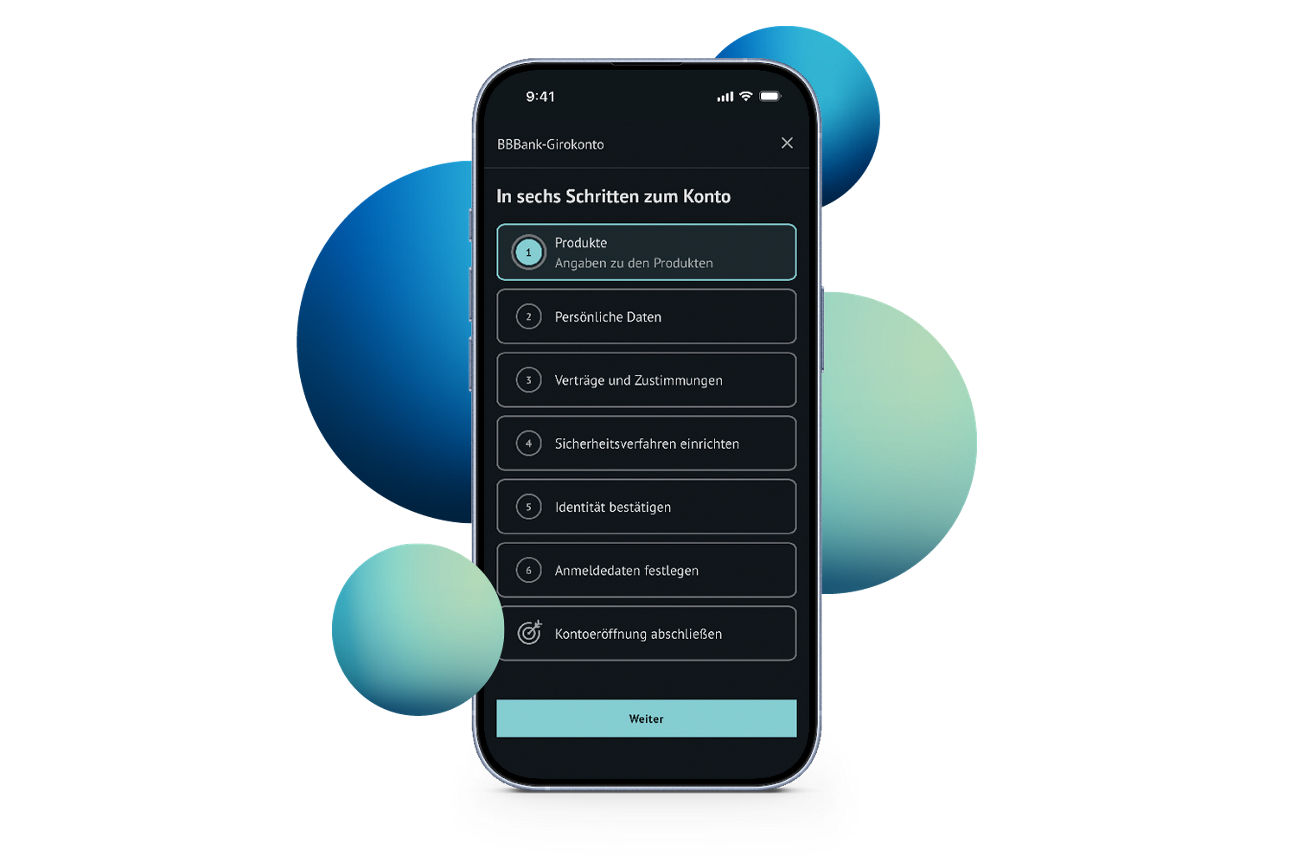 Screen der Kontoeröffnung in der BBBank App mit blauen und grünen Kreisen im Hintergrund.