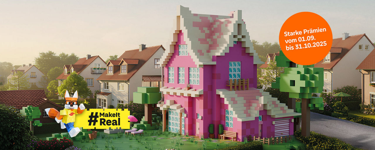 Ein rosa-weißes Haus mit Garten und ein Schwäbisch-Hall-Fuchs gezeichnet wie aus Bausteinen in einer realen Wohnsiedlung