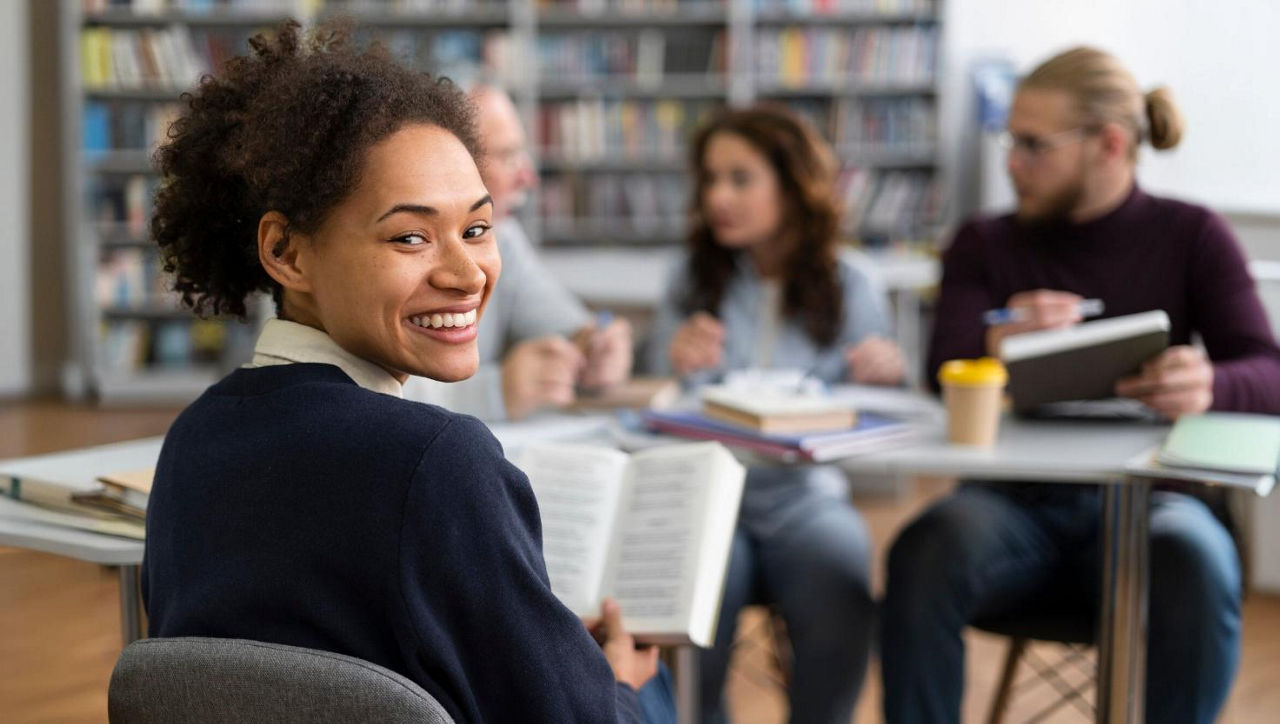 Bild von mehreren jungen Leuten, die in einer Bibliothek sitzen. Eine junge Frau mit einem Buch blickt in die Kamera.