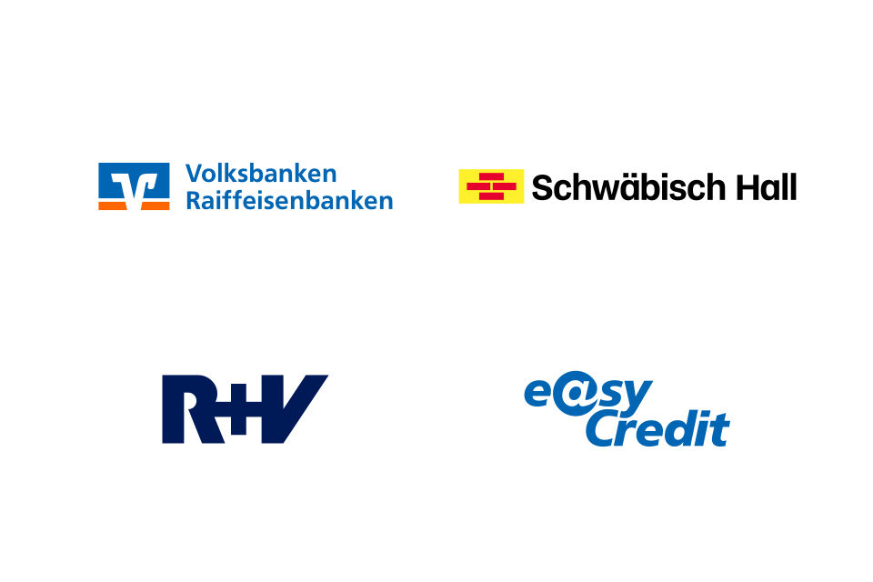 Logos der Volksbanken Raiffeisenbanken, der Bausparkasse Schwäbisch Hall, der R+V Versicherung und von easyCredit