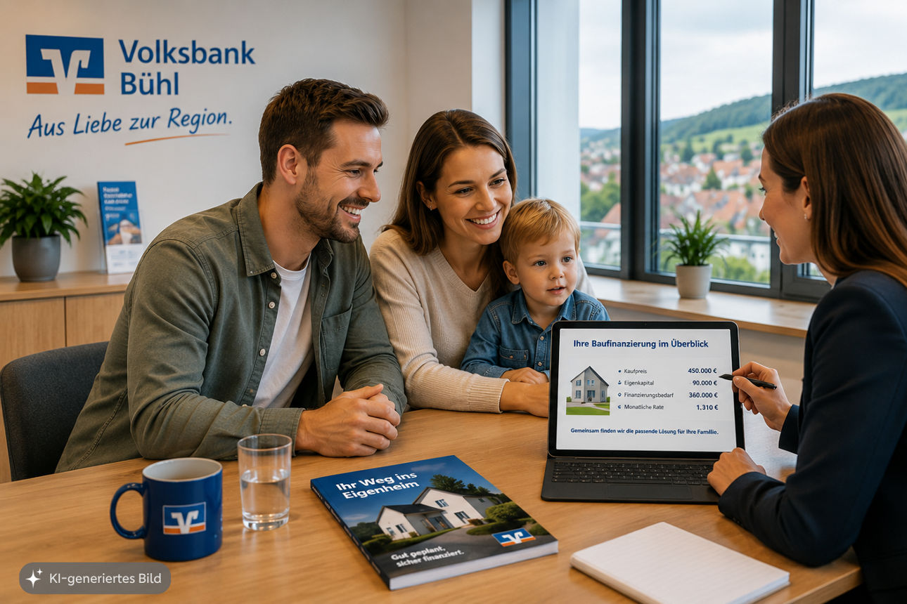 KI-generiertes Bild: Junge Familie bei einem persönlichen Beratungsgespräch zur Baufinanzierung bei der Volksbank Bühl.
