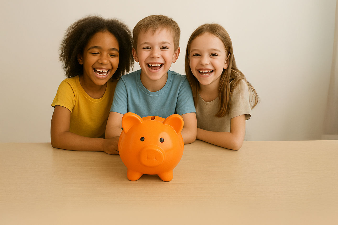 Drei Kinder blicken lächeldn in Kamera; orangenes Sparschwein im Vordergrund