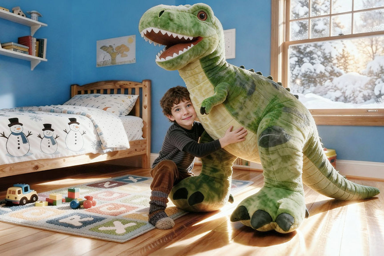 Kind spielt mit einem Kuscheltier Dino