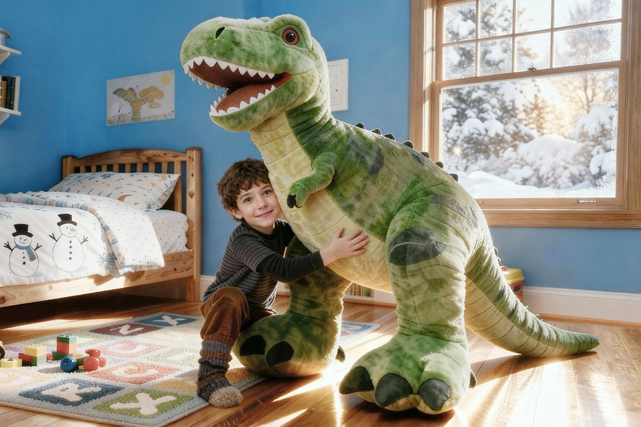 Ein kleiner Junge kniet in seinem Zimmer auf dem Teppich und umarmt einen großen Plüsch-Dinosaurier