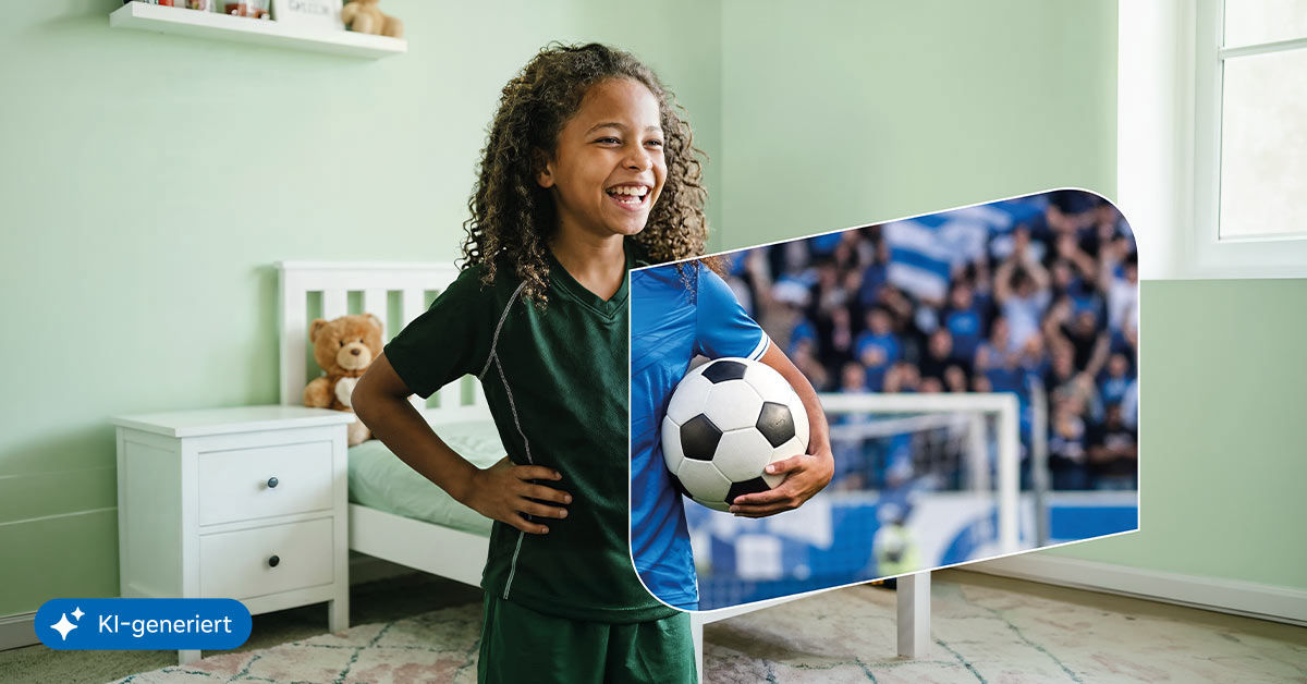 Mädchen steht im Fußballdress im Kinderzimmer